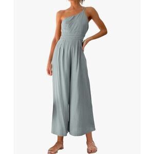 Women's Medium One Shoulder Romper Gray Halter Top Wide Leg Sleeveless